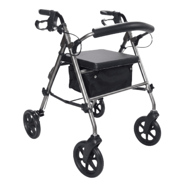 Rollator Ibis grigio visto di lato con sedile imbottito, schienale e cestino in tessuto