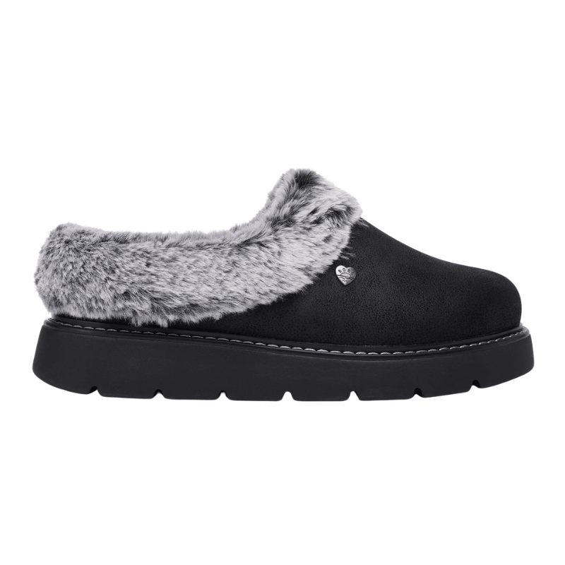 Pantofola Skechers nera da donna effetto camoscio con pelliccia sintetica grigia e suola spessa, vista laterale
