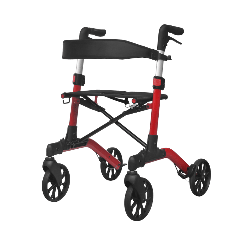 Rollator Mambo rosso visto lateralmente senza borsa, che mostra il telaio a croce sotto il sedile