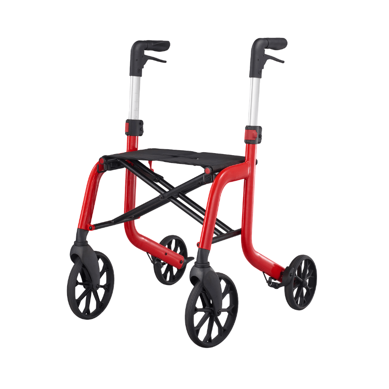 Rollator Samba rosso leggero con sedile nero, visto frontalmente e senza accessori
