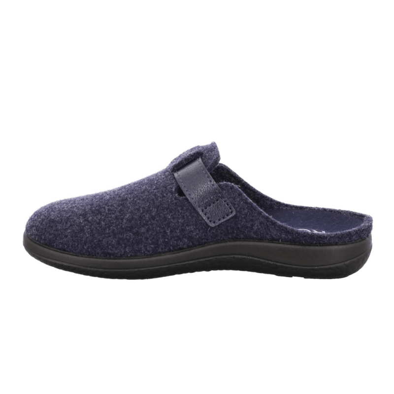 Pantofola Rohde blu scuro da donna in feltro, vista laterale, con tallone aperto e velcro
