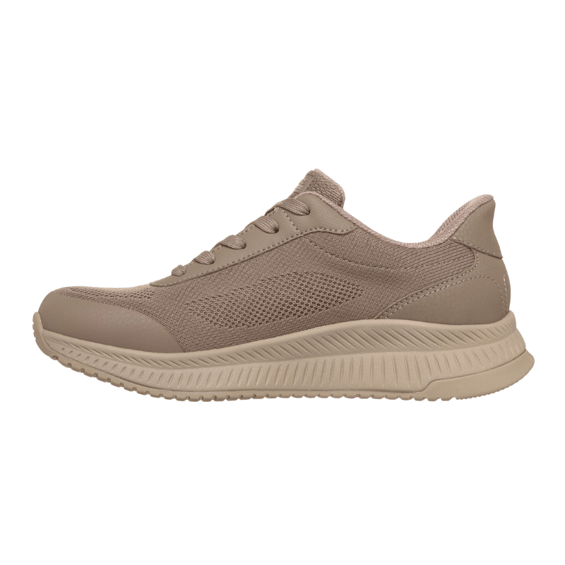 Singola scarpa Skechers da donna color sabbia con tomaia in maglia e lacci, vista dal lato opposto