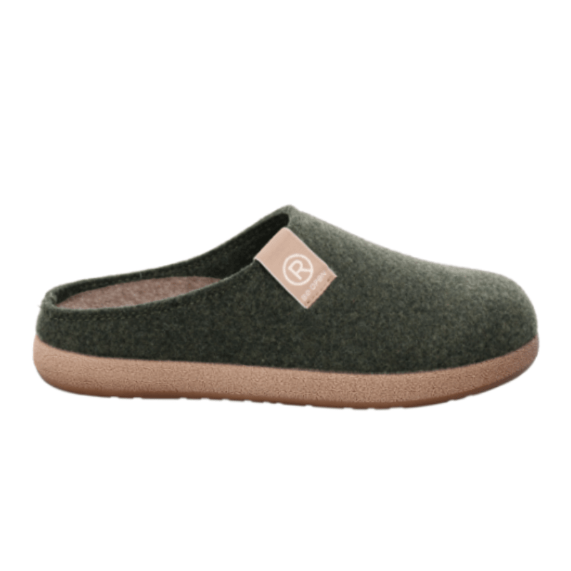 Pantofola Rohde da donna in feltro verde scuro, vista laterale con suola beige e logo