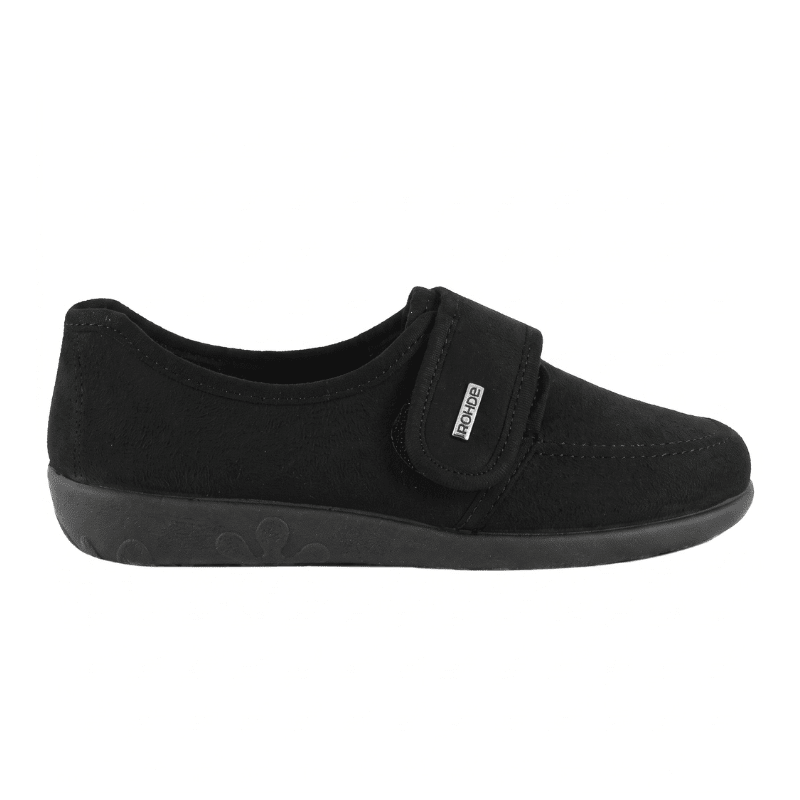 Pantofola Rohde nera da donna con cinturino in velcro e suola in gomma antiscivolo, vista laterale