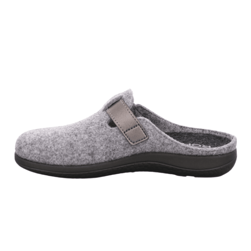 Pantofola da donna Rohde grigia in feltro con cinturino in velcro aperto, vista laterale