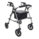 Rollator Ibis grigio visto di lato con sedile imbottito, schienale e cestino in tessuto