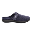 Pantofola Rohde blu da donna in feltro, vista laterale, con cinturino in velcro e logo