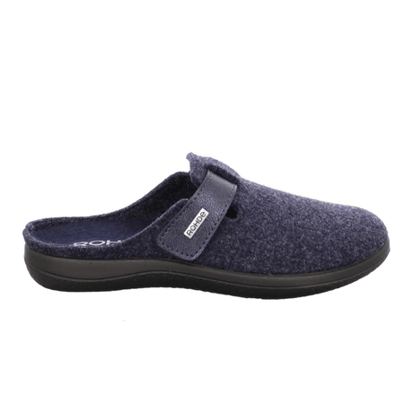 Pantofola Rohde blu da donna in feltro, vista laterale, con cinturino in velcro e logo