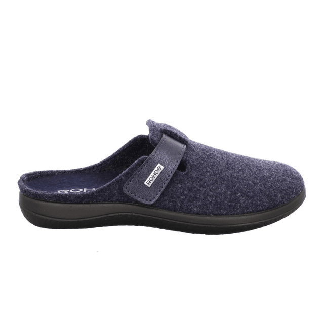 Pantofola Rohde blu da donna in feltro, vista laterale, con cinturino in velcro e logo