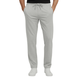 Pantaloni da jogging grigi con coulisse in vita e tasche con cerniera, visti frontalmente su una persona