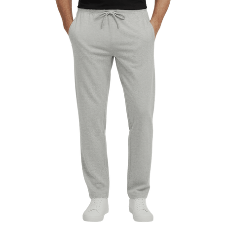 Pantaloni da jogging grigi con coulisse in vita e tasche con cerniera, visti frontalmente su una persona