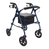 Rollator Ibis blu con sedile imbottito e schienale, visto di lato con cestino in tessuto