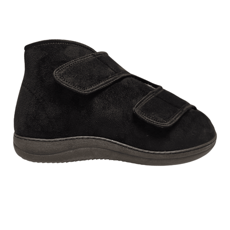 Scarpa terapeutica alta nera con due ampie cinghie in velcro, vista laterale