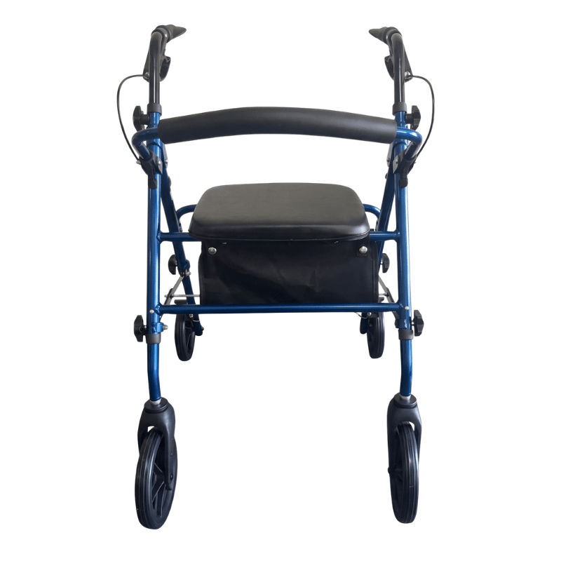 Rollator Ibis blu visto frontalmente, con maniglie ergonomiche, sedile imbottito e schienale