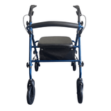 Rollator Ibis blu visto frontalmente, con maniglie ergonomiche, sedile imbottito e schienale