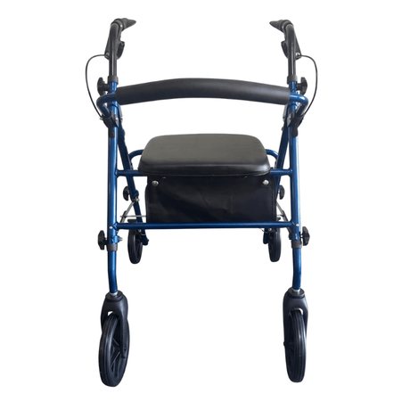 Rollator Ibis blu visto frontalmente, con maniglie ergonomiche, sedile imbottito e schienale
