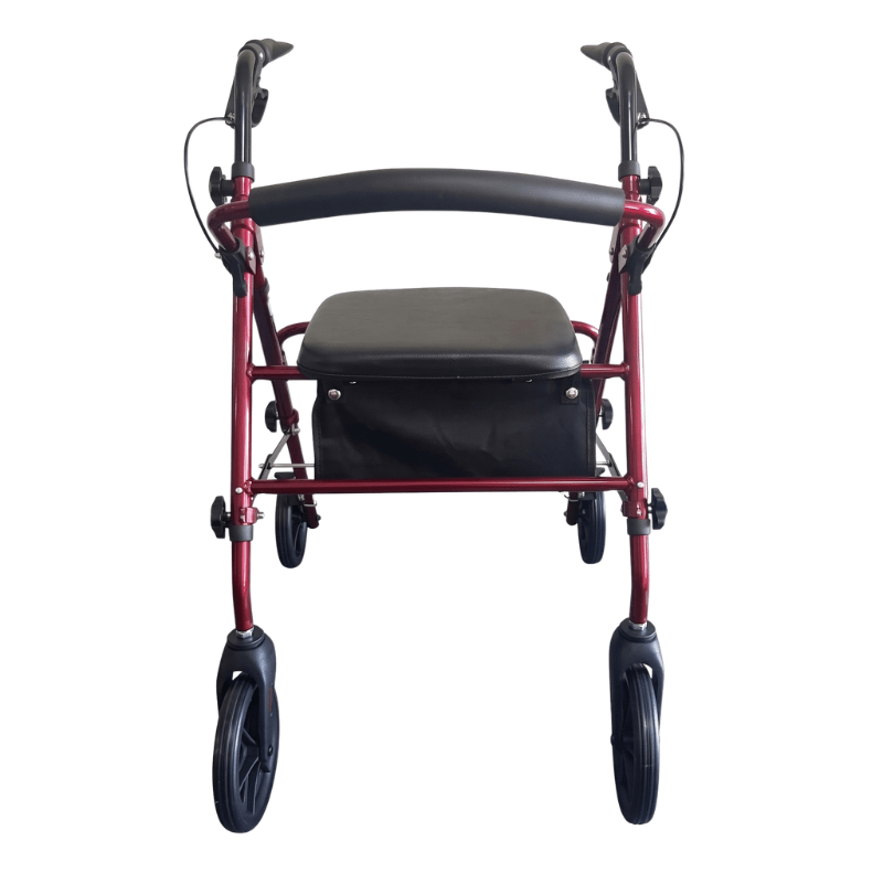 Rollator Ibis rosso visto frontalmente con sedile nero, schienale e maniglie
