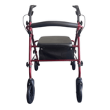 Rollator Ibis rosso visto frontalmente con sedile nero, schienale e maniglie