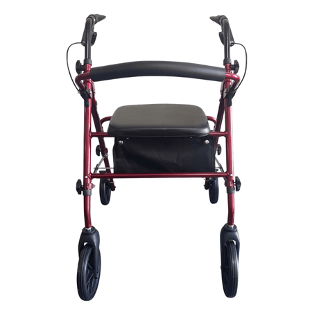 Rollator Ibis rosso visto frontalmente con sedile nero, schienale e maniglie