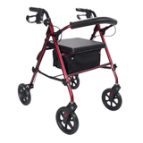 Rollator Ibis rosso visto frontalmente con sedile imbottito nero, schienale e cestino in tessuto
