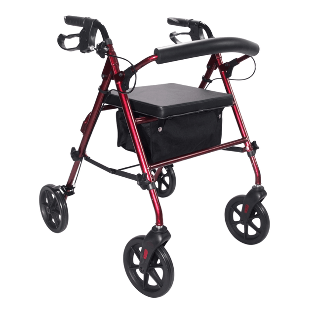 Rollator Ibis rosso visto frontalmente con sedile imbottito nero, schienale e cestino in tessuto