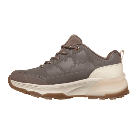 Sneaker Skechers marrone da donna di lato, con lacci elastici e intersuola spessa e chiara