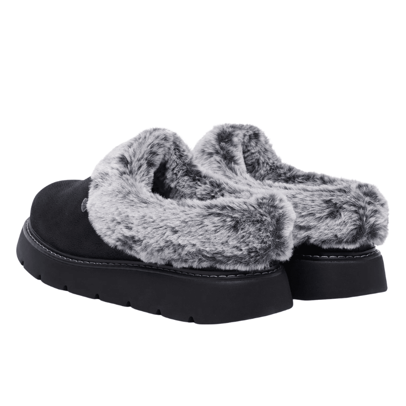 Due pantofole Skechers nere da donna con pelliccia sintetica grigia e suola spessa, vista posteriore