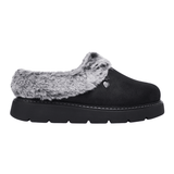 Pantofola Skechers nera da donna effetto camoscio con pelliccia sintetica grigia e suola spessa, vista laterale