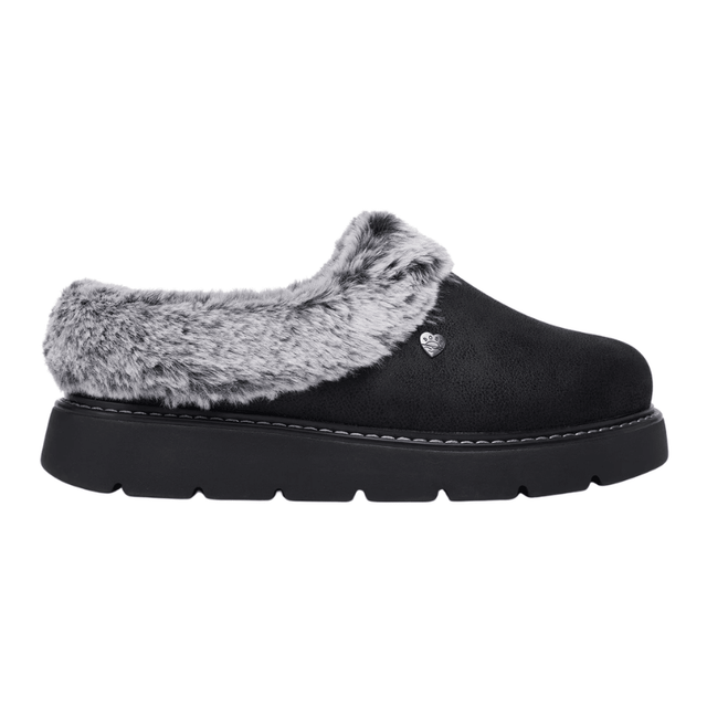 Pantofola Skechers nera da donna effetto camoscio con pelliccia sintetica grigia e suola spessa, vista laterale