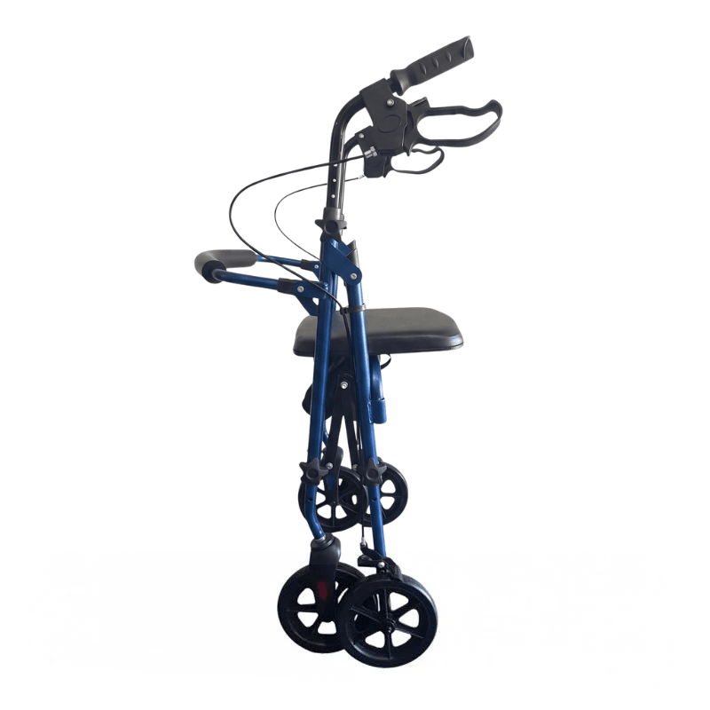 Rollator Ibis blu visto di lato in stato piegato, mostrando il suo design compatto