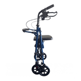 Rollator Ibis blu visto di lato in stato piegato, mostrando il suo design compatto