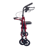 Rollator Ibis rosso piegato visto di lato, che mostra il suo design compatto
