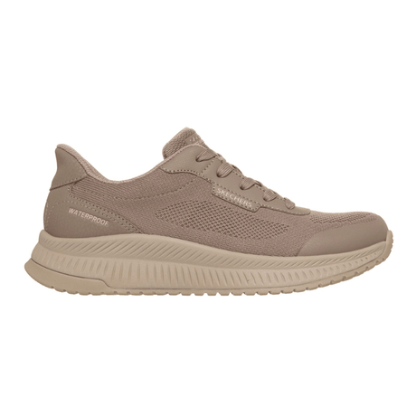 Scarpa Skechers slip-in outdoor da donna color sabbia, vista laterale, con logo "Skechers" e scritta "Waterproof"