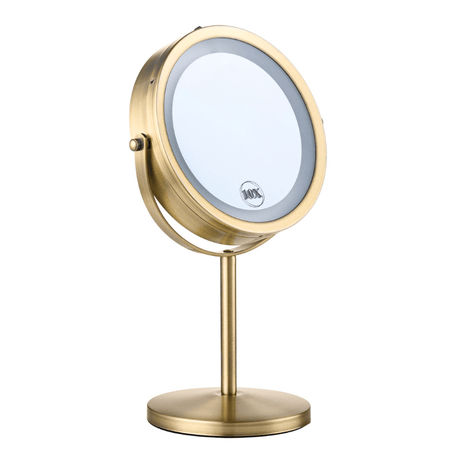 Specchio trucco dorato con luce e ingrandimento 10x, vista frontale angolata su base