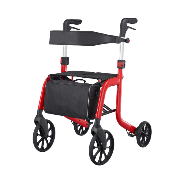 Rollator Samba rosso visto frontalmente con sedile nero, schienale e pratica borsa portaoggetti