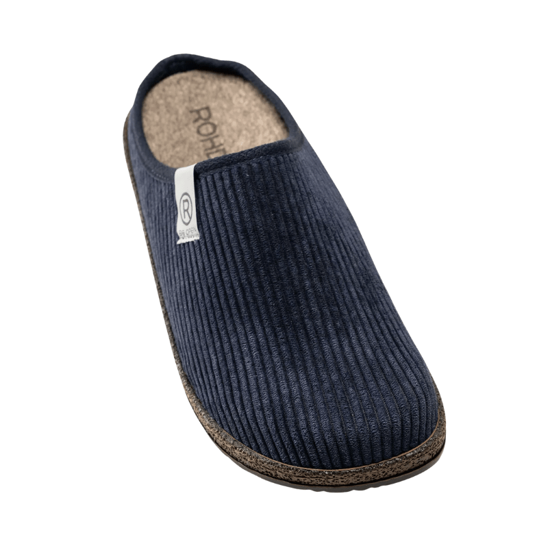 Pantofola da uomo Rohde blu scuro vista dall'alto, con soletta in feltro visibile e logo del marchio