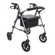 Rollator Ibis grigio visto diagonalmente frontalmente con sedile imbottito, schienale e cestino in tessuto nero