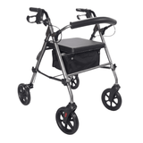Rollator Ibis grigio visto diagonalmente frontalmente con sedile imbottito, schienale e cestino in tessuto nero