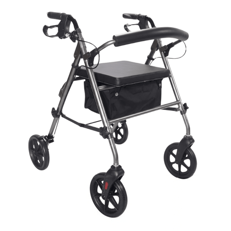 Rollator Ibis grigio visto diagonalmente frontalmente con sedile imbottito, schienale e cestino in tessuto nero