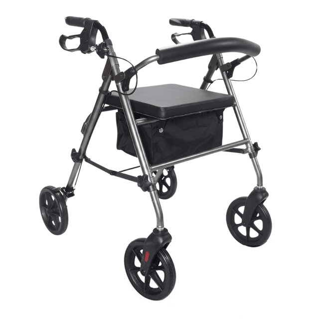 Rollator Ibis grigio visto diagonalmente frontalmente con sedile imbottito, schienale e cestino in tessuto nero