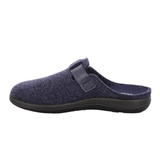 Pantofola Rohde blu scuro da donna in feltro, vista laterale, con tallone aperto e velcro