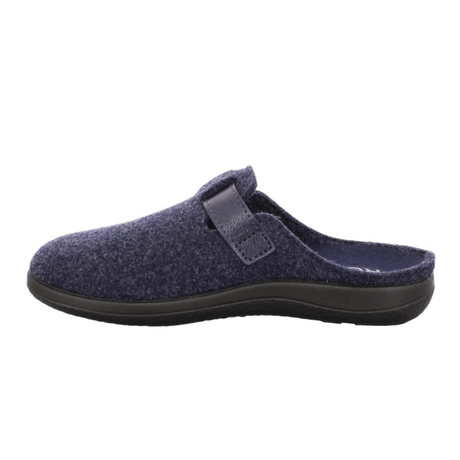 Pantofola Rohde blu scuro da donna in feltro, vista laterale, con tallone aperto e velcro