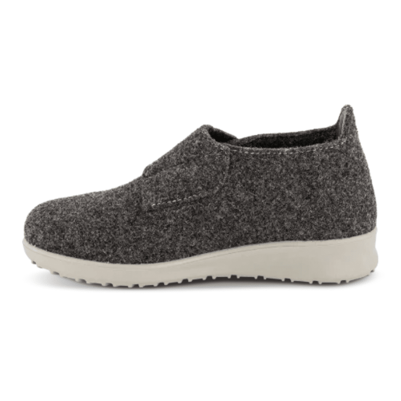 Pantofola New Feet da donna grigio antracite in lana, vista laterale senza il cinturino in velcro