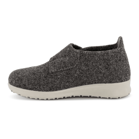Pantofola New Feet da donna grigio antracite in lana, vista laterale senza il cinturino in velcro