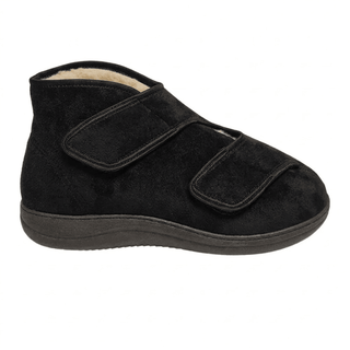 Scarpa terapeutica nera con fodera in lana e due ampie cinghie in velcro, vista laterale