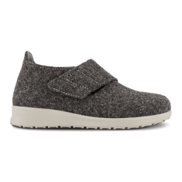 Pantofola New Feet da donna grigio antracite in lana con ampio cinturino in velcro, vista laterale