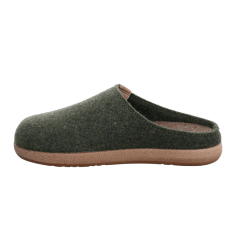 Semplice pantofola da donna in feltro verde scuro, vista laterale con suola beige