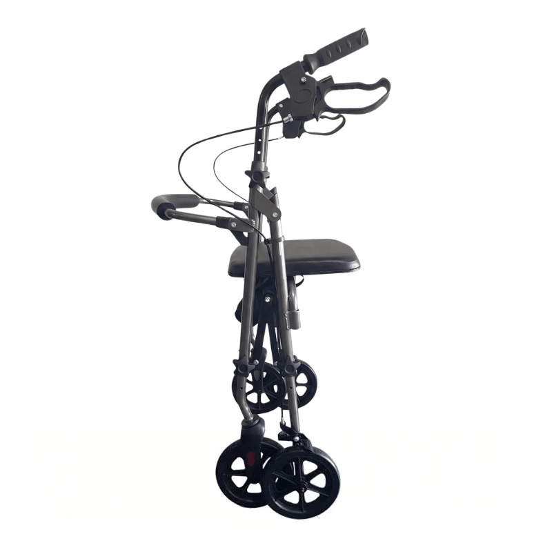 Rollator Ibis grigio piegato visto di lato, che mostra il suo design compatto