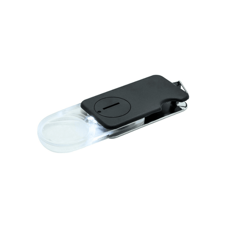 Lente d'ingrandimento tascabile pieghevole nera con luce, aperta e accesa, che illumina la chiara lente 3,5x