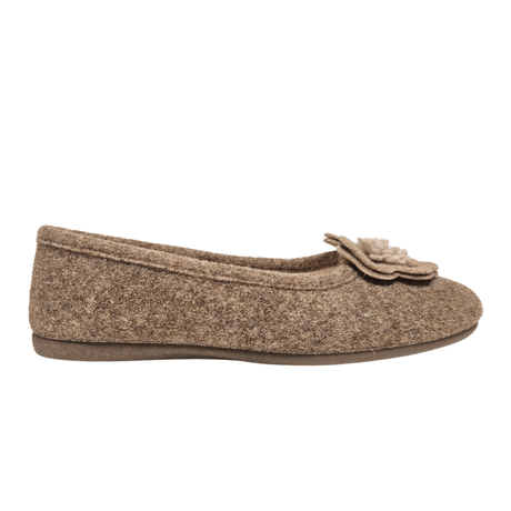 Pantofola da donna Bella Moda beige chiaro in feltro di lana con fiore sulla punta, vista laterale